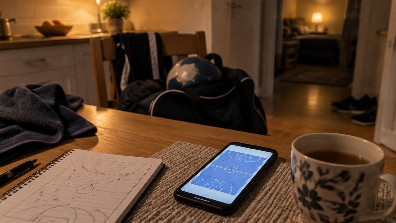 En telefon på køkkenbordet med noter fra kampen, en træningstaske i baggrunden