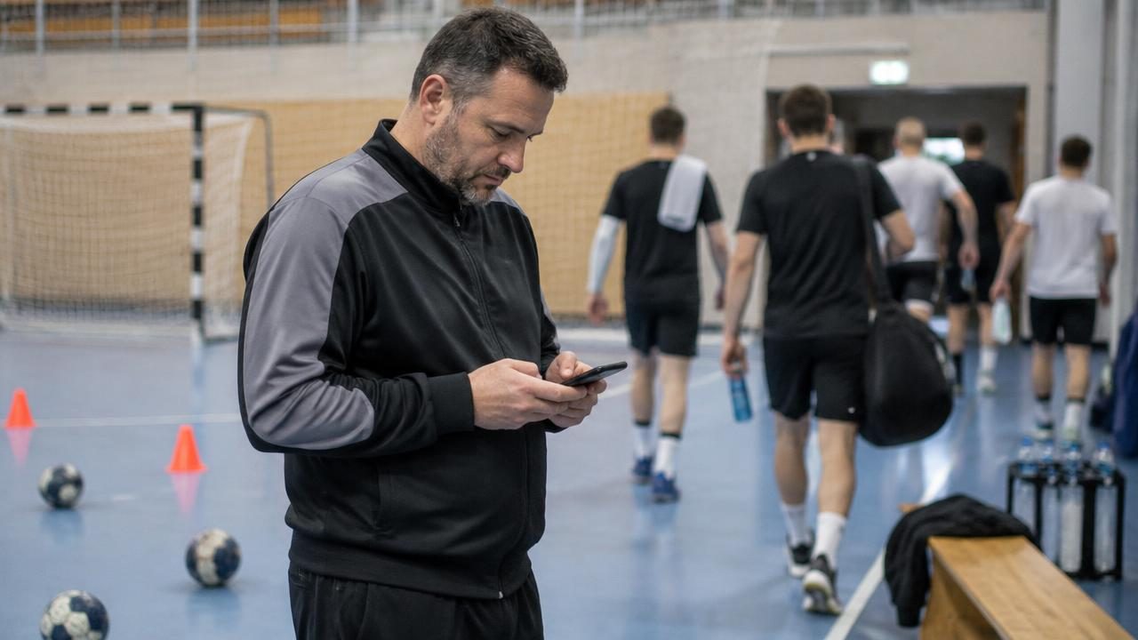 En træner i hallen med sin telefon efter træning