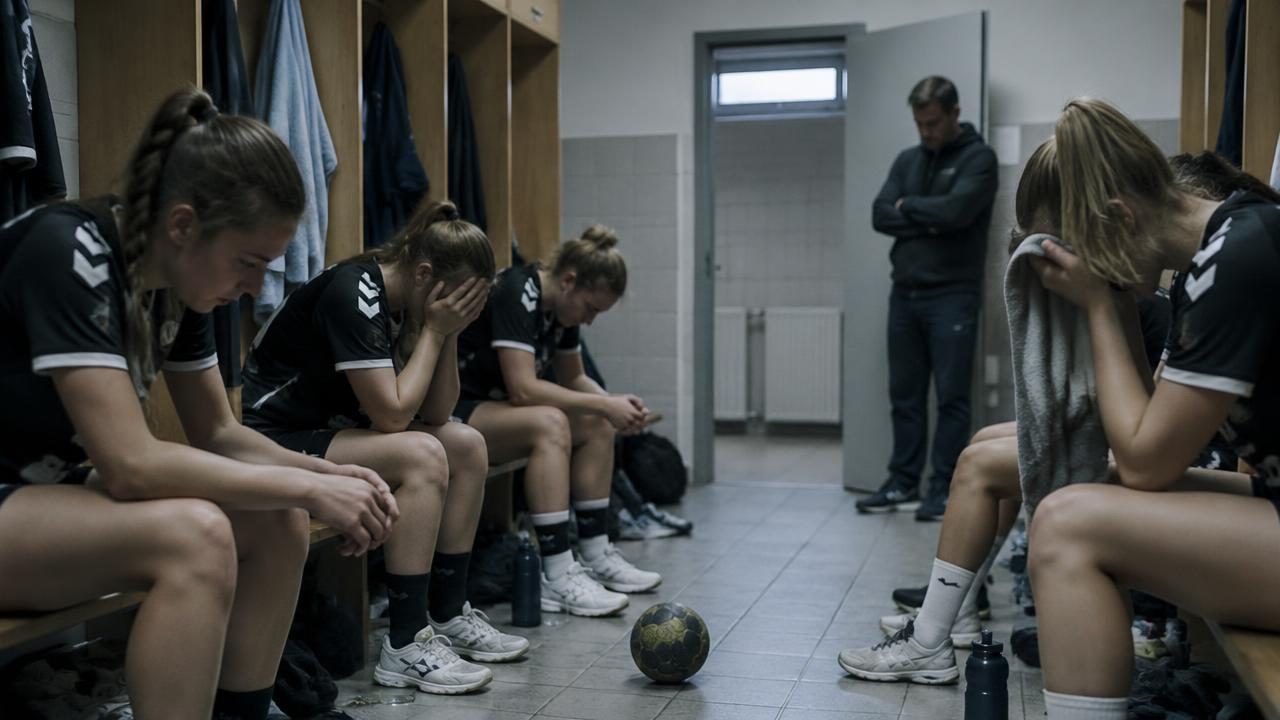 Locker room after a loss: players with their heads down, the coach by the door