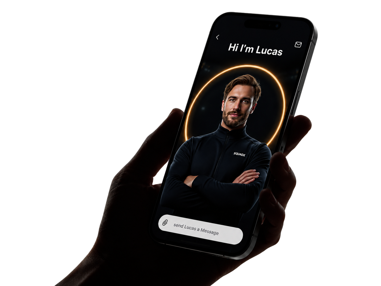 Hand holding a phone with Coach Lucas on screen