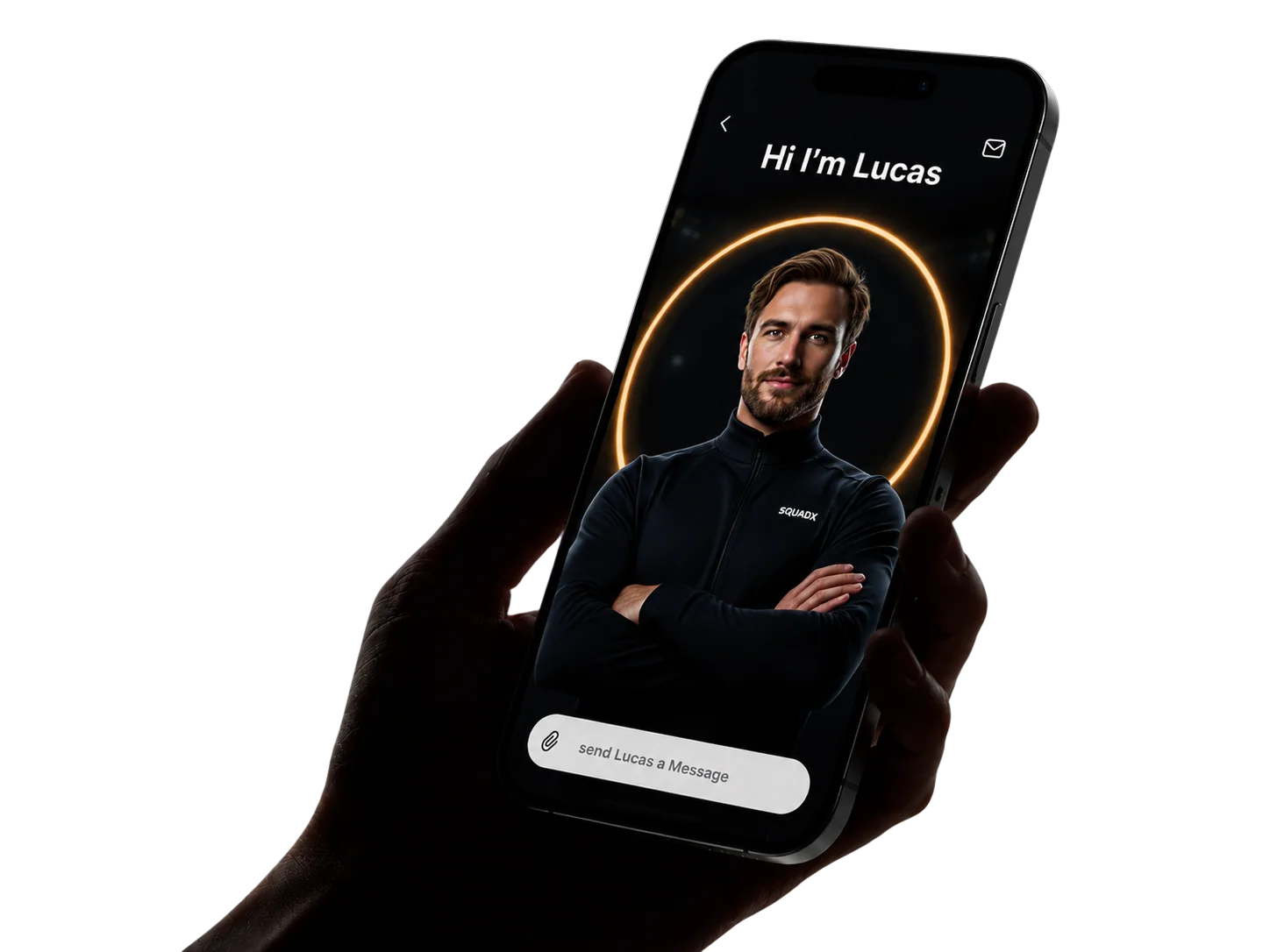Hand holding a phone with Coach Lucas on screen